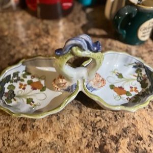 Antique Cantagalli Cockerel Signed Italian Majolica Dolphin Figural Handle Dish